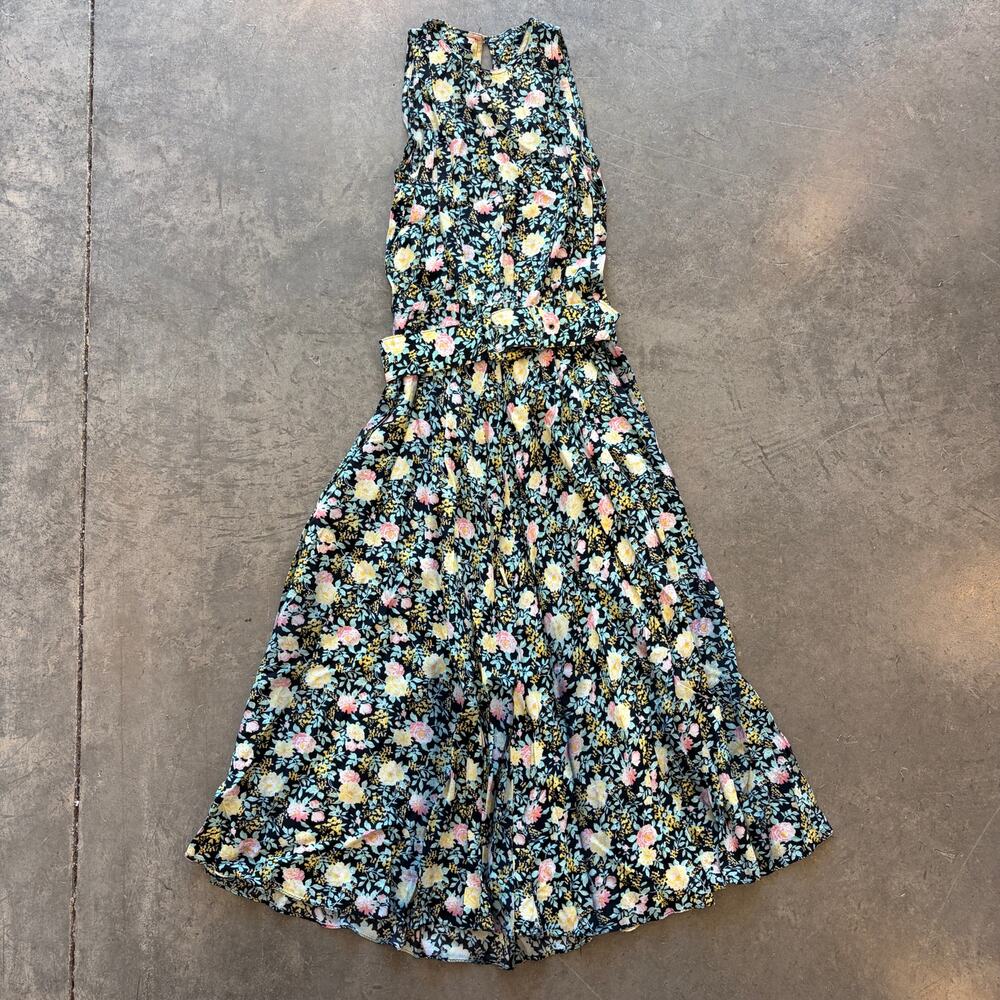 Vintage Y2k 90's Floral Black Multicolor Sleeveless Flowy Shift Belted Dress M